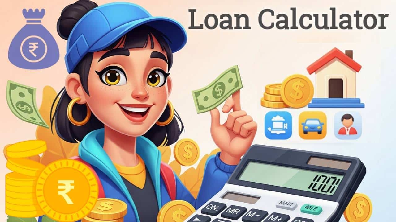 Illustration of a smiling woman holding currency notes with coins, rupee icons, a calculator, and loan category icons like home, car, and personal, representing a Loan Calculator tool.