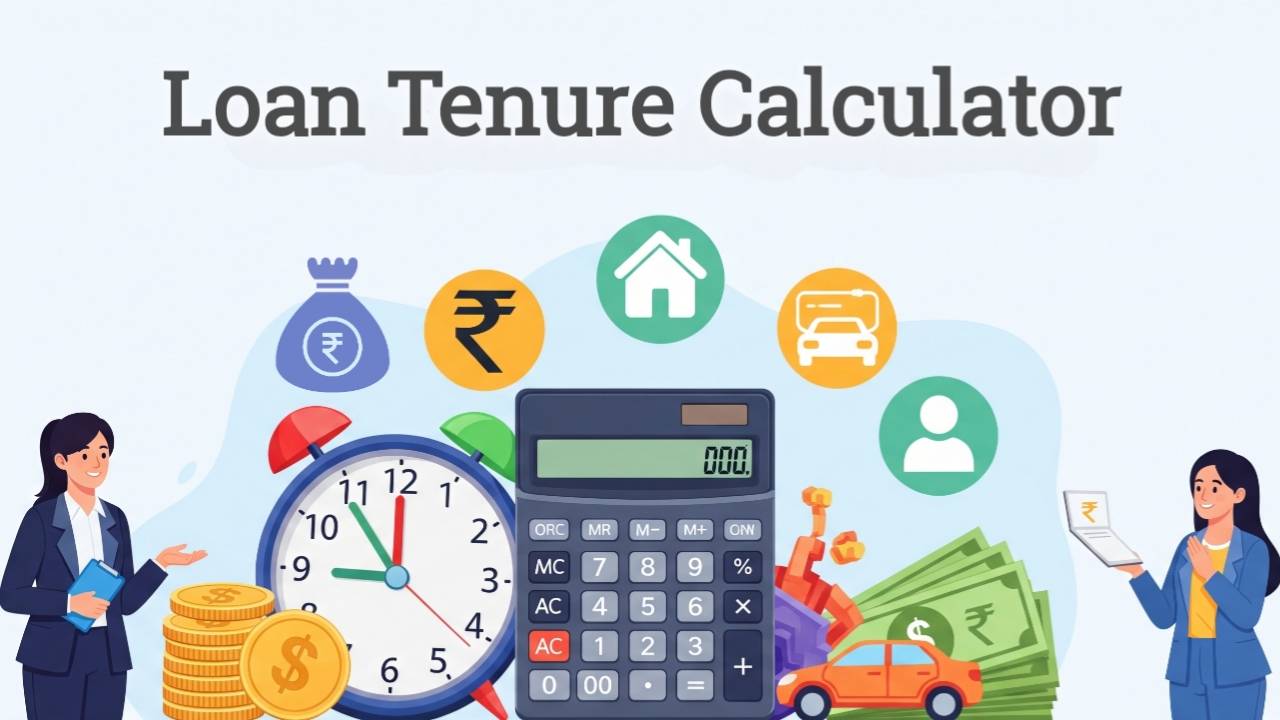Illustration showing a calculator, clock, coins, currency notes, and loan-related icons representing the concept of a Loan Tenure Calculator.