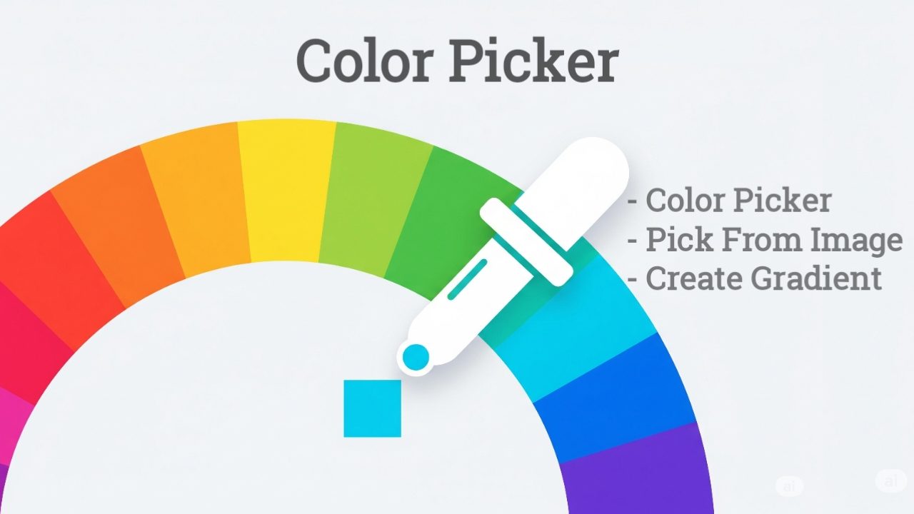 Color Picker tool showing eyedropper and color spectrum with options to pick from image and create gradient