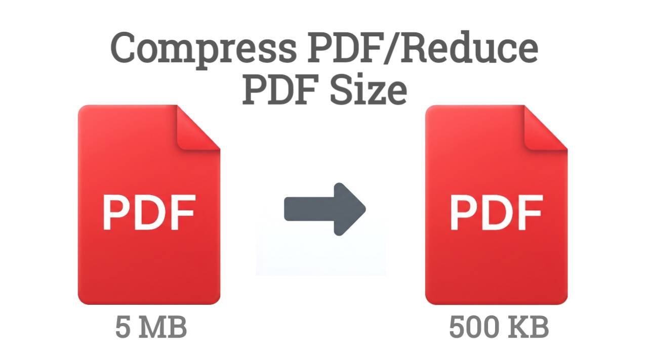 Compress PDF illustration showing a 5MB file reduced to 500KB with arrow between icons