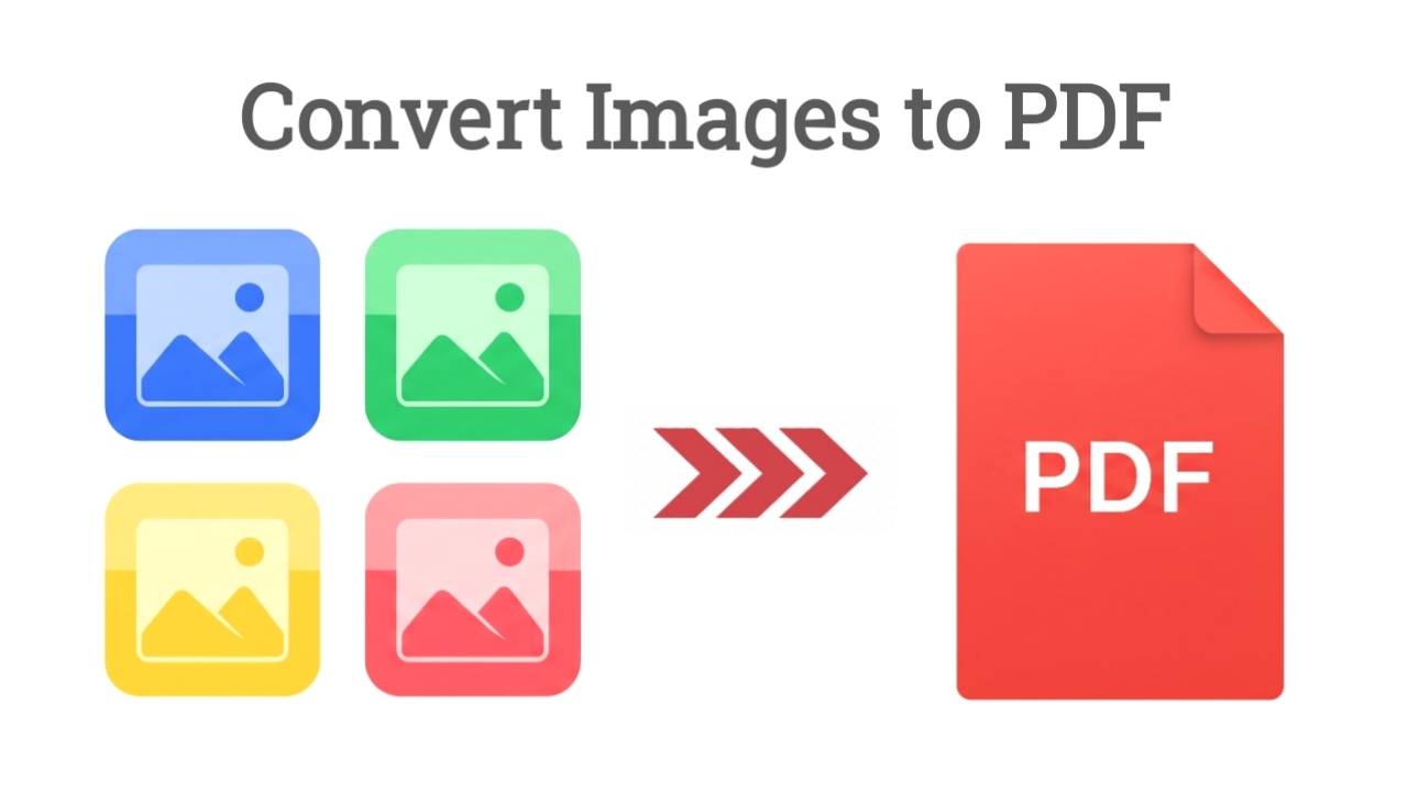 Four image icons being converted into a single PDF file, representing the Image to PDF process.