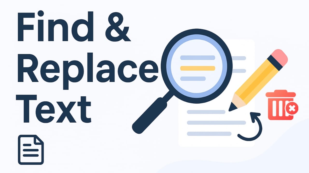 Find and Replace Text tool with magnifying glass, pencil, and delete icon showing text editing features.