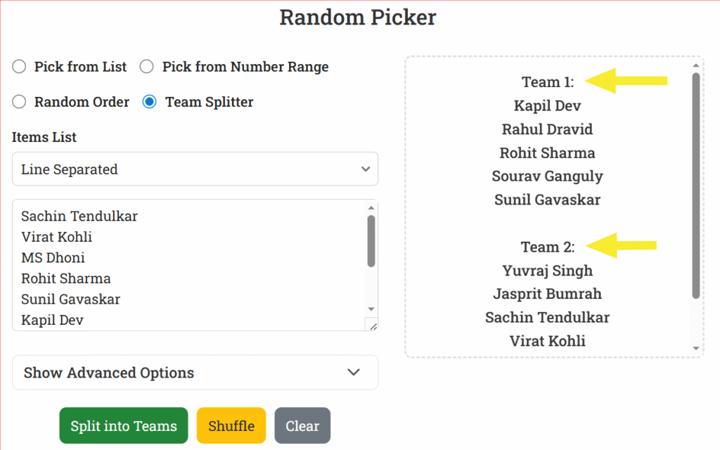 Team Splitter Example with soulatools Random Picker online tool