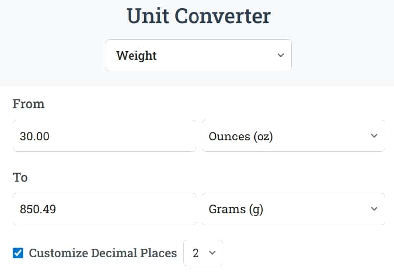Unit Converter Weight Ounces to Grams Conversion Example